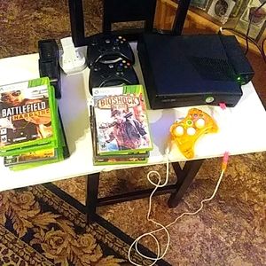 Xbox 360 console 3 controllers and games, 250 gb internal hard drive